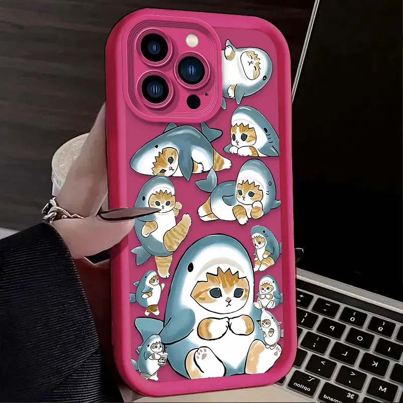 Lustige Mofusand Shark Cat Matte Hülle für iPhone 16 15 14 13 12 11 Pro Max X XS X S Max XR SE 2020 7 8 Plus iPhone 16 Rückseite_voghion.com