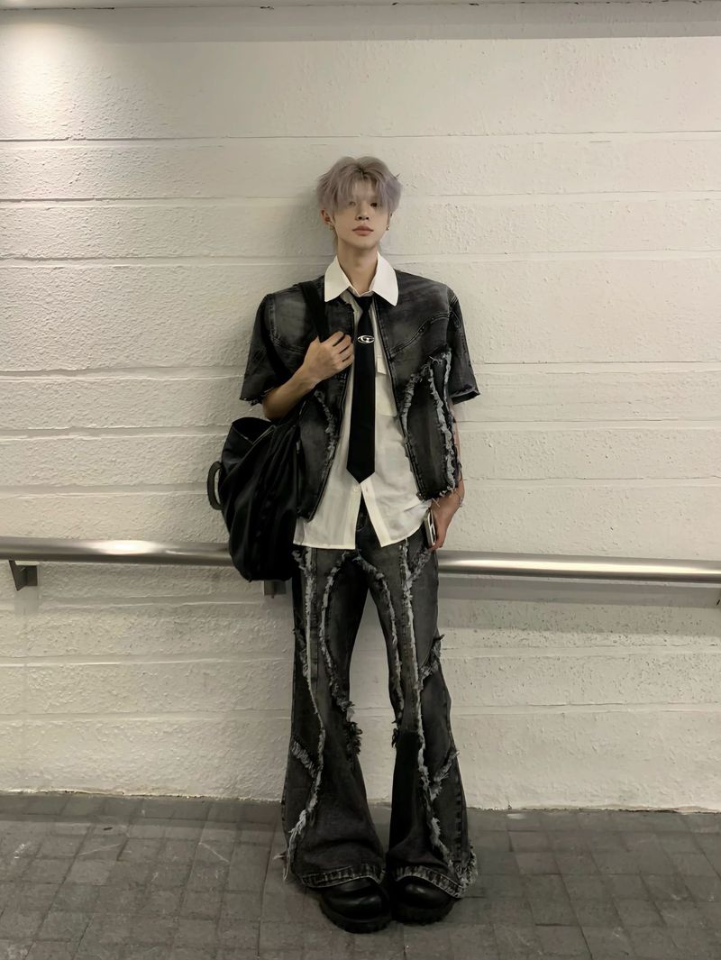 Men's Clothing Niche Design Raw Edge Shoulder Pad Denim Short Sleeve Washed Heavy Jeans Suit Men's Jacket Shirt Short_voghion.com