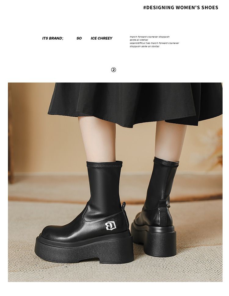 Women's Shoes Autumn And Winter Boots Internet Celebrity Thick Soled Platform Elastic Boots Small Height Enhancing Slim Boots Thick Leg Short Boots_voghion.com