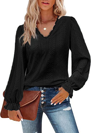 Maglietta con scollo a V da donna, nuova stagione 2025, autunno, casual, con maniche arricciate e traforate_voghion.com