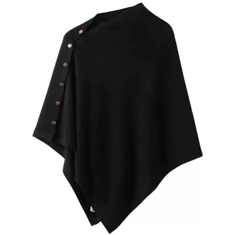 Elegant Solid Cape With Gold Buttons – Asymmetrical Winter Shawl (6 Neutral Colors, 100% Cotton Cashmere Blend, Office-to-Outfit Versatile Wrap)_voghion.com