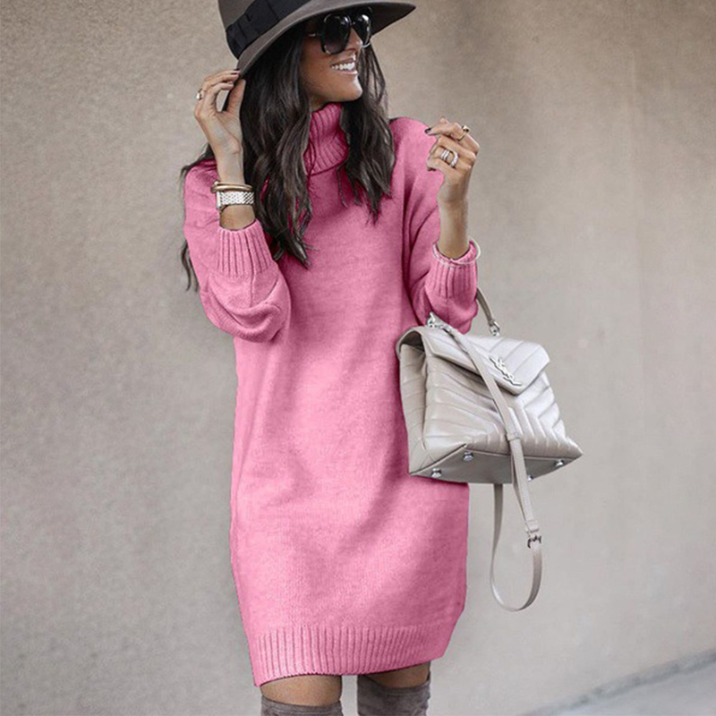 Pull à col roulé mi-long de couleur unie pour femme, haut à la mode_voghion.com