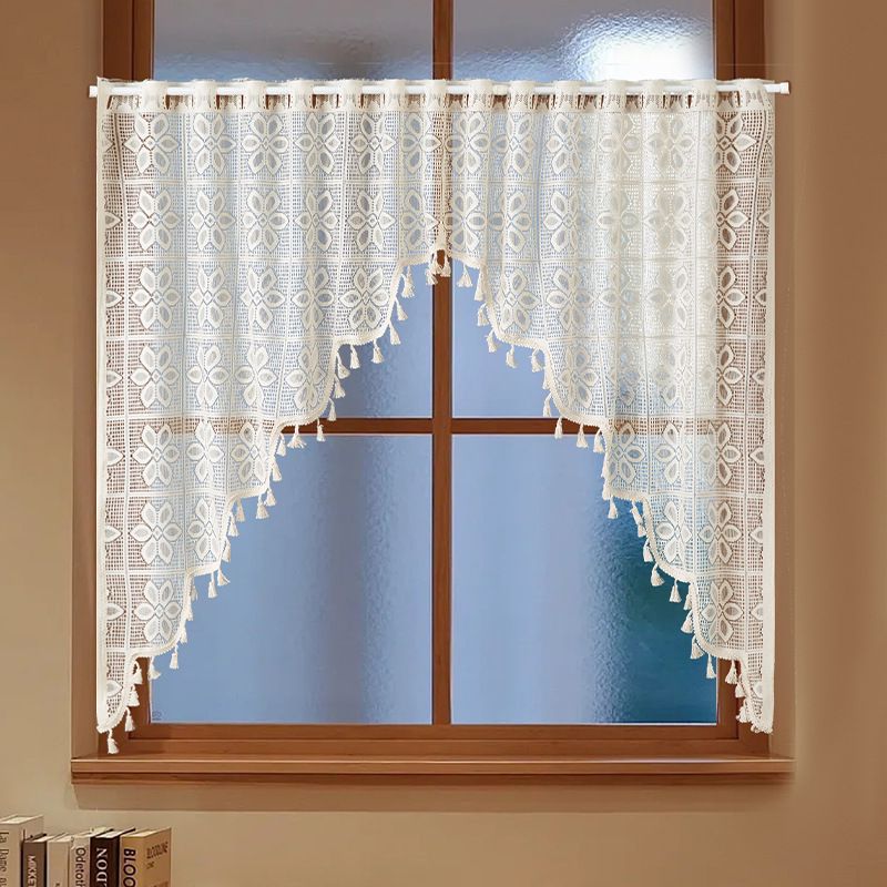 Kanten deurgordijn met kwastjes - elegant transparant paneel voor café, geen boor nodig, spanstang, stofdicht polyester voor eetkamer, entree en balkon_voghion.com