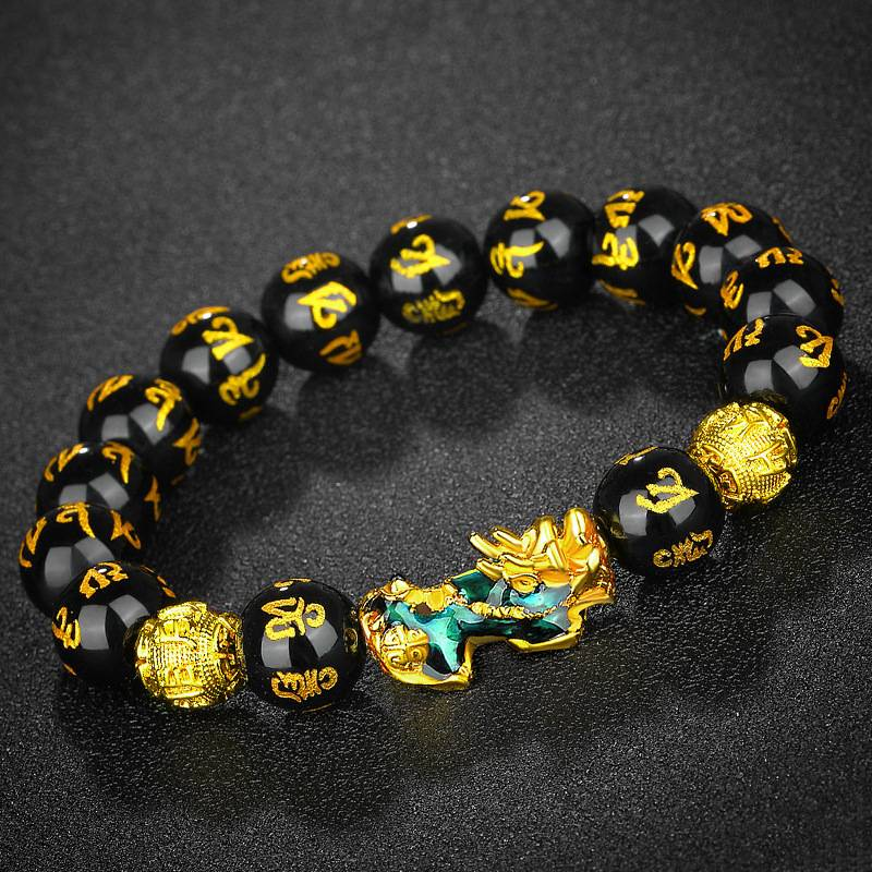 Vietnamese gold 3D temperature sensitive color changing Pixiu bracelet obsidian six character mantra Buddhist beads bracelet _voghion.com