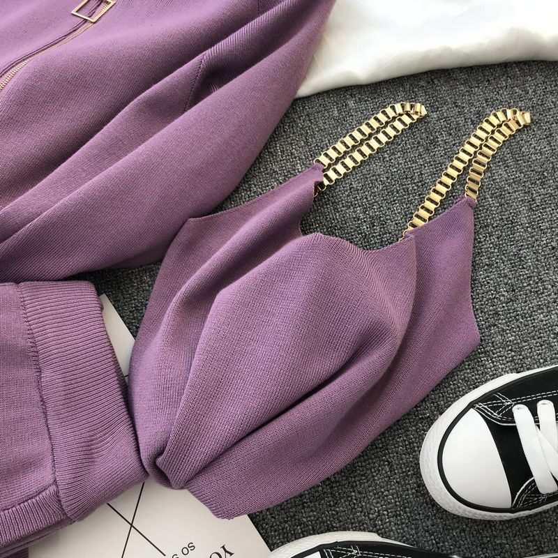 Dammekleedung modesch gestréckte V-Hals Pullover + Casual Hosen Zwee-Stéck Set_voghion.com