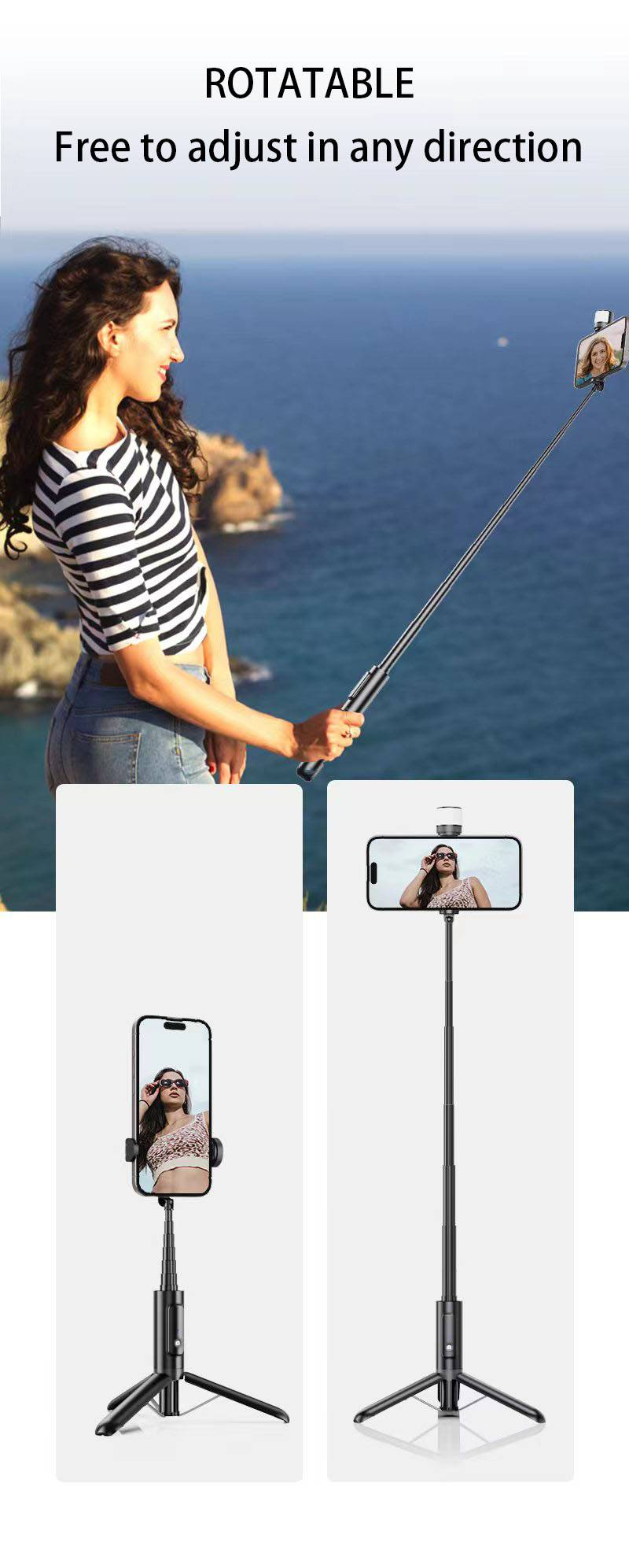 Mobilais selfiju nūjas statīvs, pagarināms selfiju nūjā integrēts viedtālruņa statīvs ar bezvadu tālvadības pulti 360 ° rotācijai_voghion.com