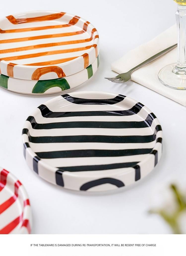 Hand-Painted Ceramic Plate - 9 Inch Korean Style Striped Dessert Plate With Raised Edge For Food Presentation (Set Of 4)_voghion.com