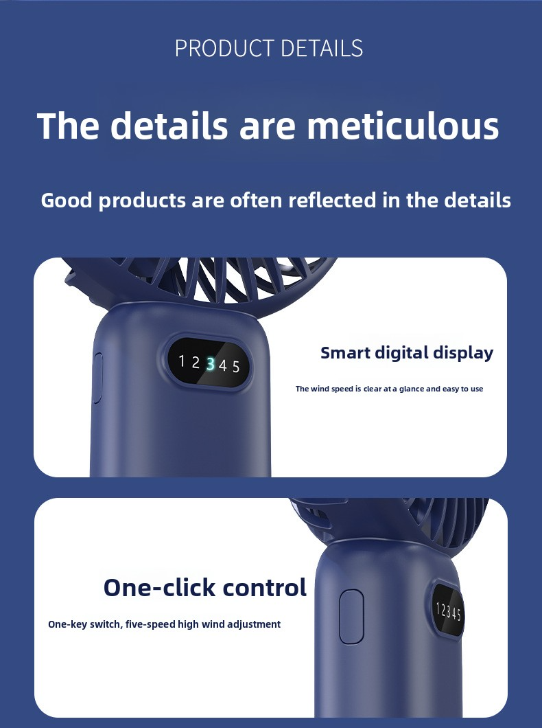 USB-C Rechargeable Handheld Fan With 5 Speed Levels & Desktop Stand - Portable Cooling For Home & Office_voghion.com