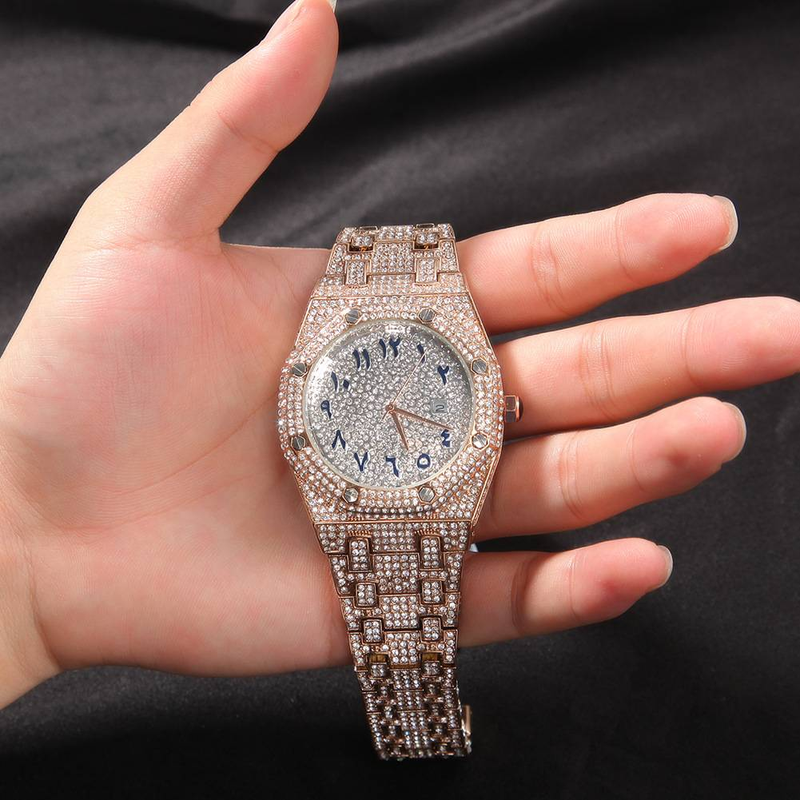 GoldenHype Men's Hip-Hop Watch - Full Diamond Arabic Dial With Gold-Tone Case_voghion.com