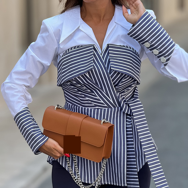 Gestreifte Bluse mit Wickelbund und Lagendesign – Elegantes Langarmshirt fürs Büro für Damen_voghion.com