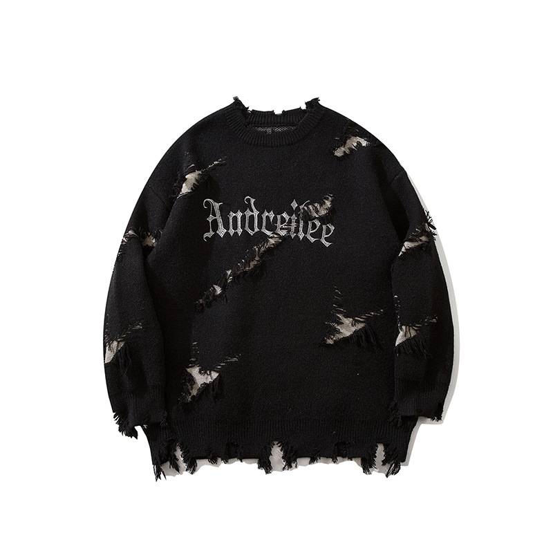 Maglione unisex in maglia retrò con lettere - Pullover a maniche lunghe con bordo grezzo e vestibilità ampia per uomo e donna, stile coppia autunno inverno_voghion.com