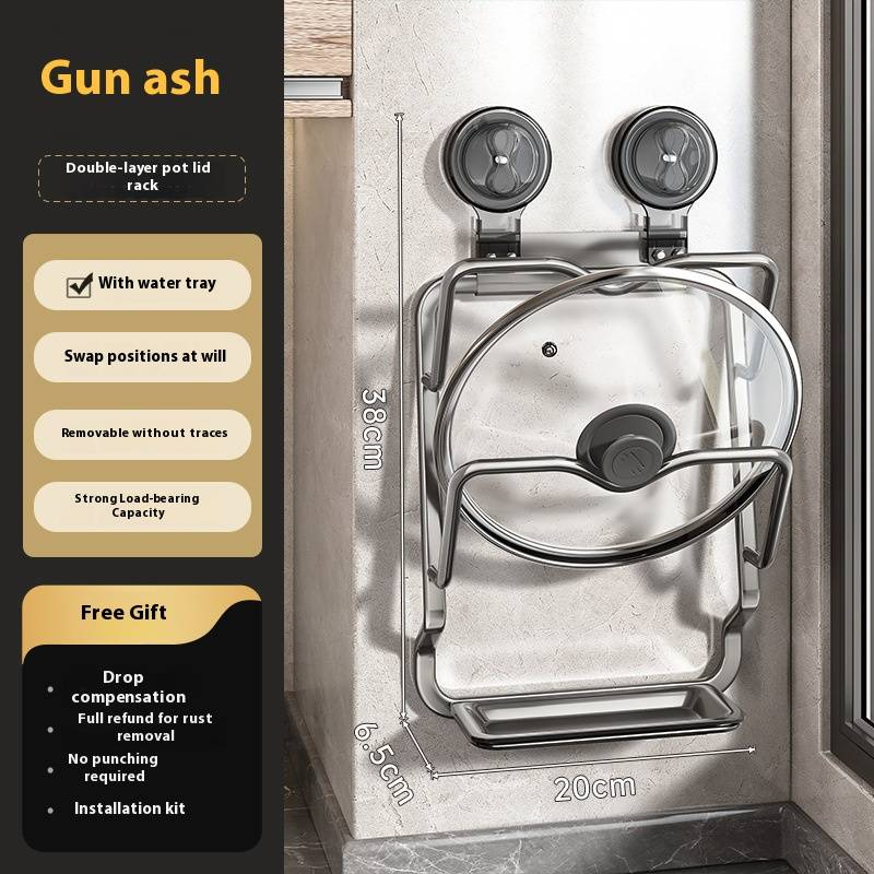 Wall Mounted Suction Pot Lid Holder, Space-Saving Kitchen Organizer With Drip Tray, No Drill Aluminum Storage Rack For Cutting Boards & Cookware Lids_voghion.com
