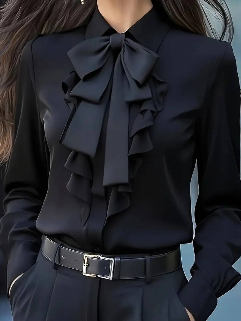 Elegante camicetta con papillon e volant per donna - Elegante camicia da ufficio a maniche lunghe in tinta unita (bianco, nero, rosso, grigio)_voghion.com