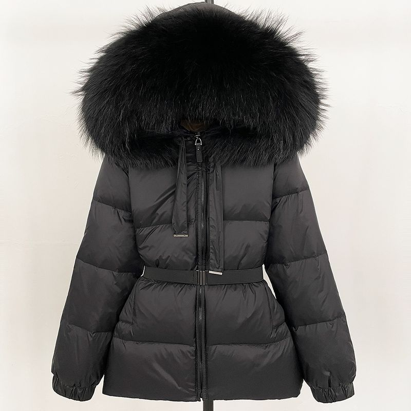 Piumino invernale da donna con cappuccio staccabile in pelliccia di procione, 90% piumino d'anatra bianca, parka lungo che stringe la vita per il freddo, elegante capospalla dalla vestibilità aderente._voghion.com