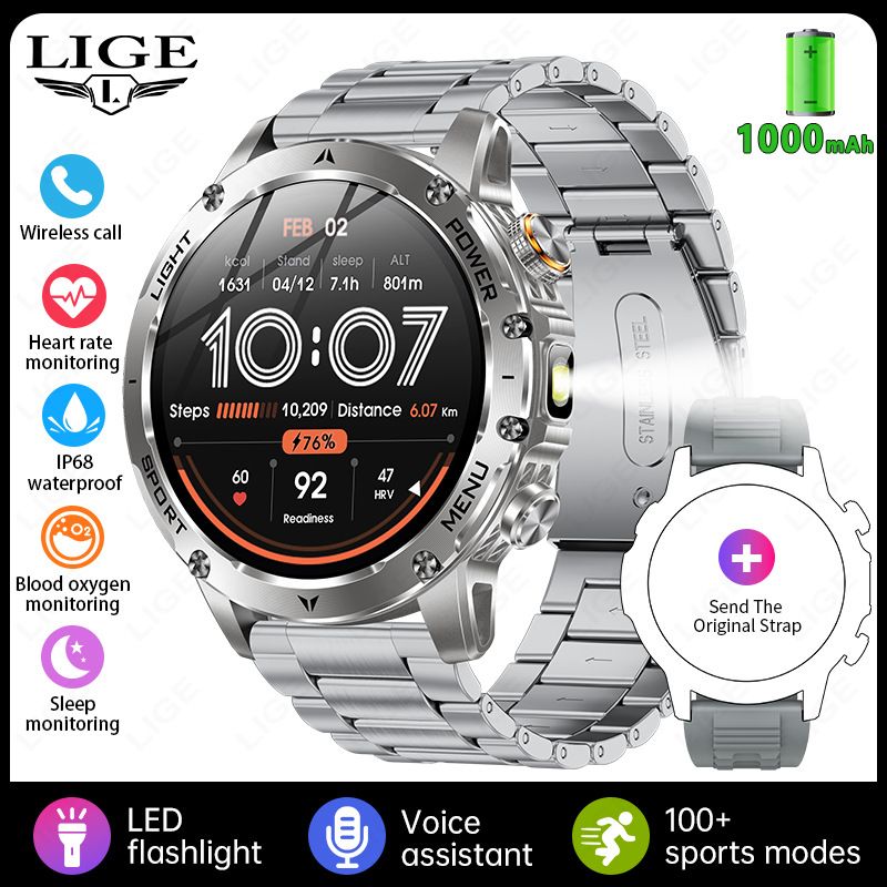 LIGE AK87 Outdoor Smartwatch With Flashlight, Bluetooth Calling, 1000mAh Battery, Multi-Sport Modes, AMOLED Display_voghion.com