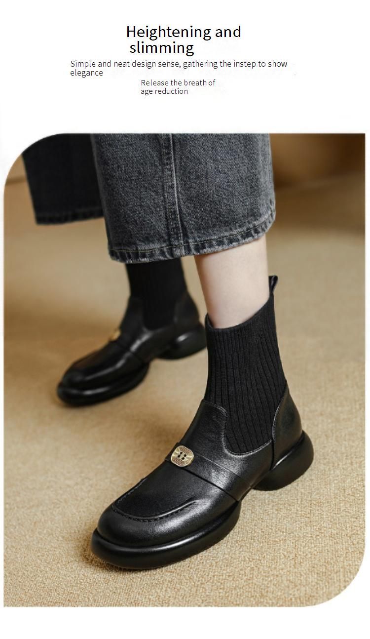 Cameido Women's Leather Short Boots With Elastic Knit Shaft Chunky Heel British Style Autumn Winter_voghion.com