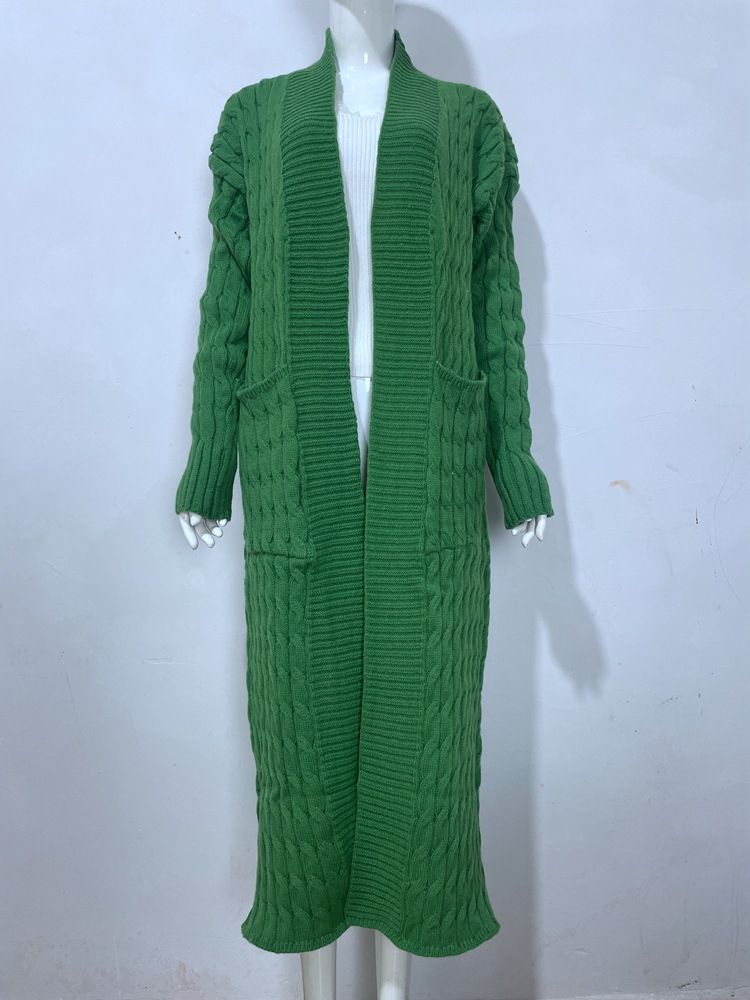 Damen-Strickpulloverjacke mit langen Ärmeln, lockerer langer Strickjacke_voghion.com