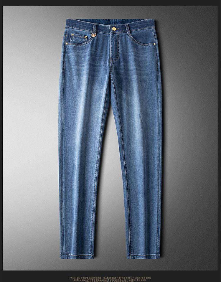 Jeans haut de gamme, produits européens, pantalons pour homme, broderies tendance printemps-été, pantalon slim droit en denim léger et extensible_voghion.com