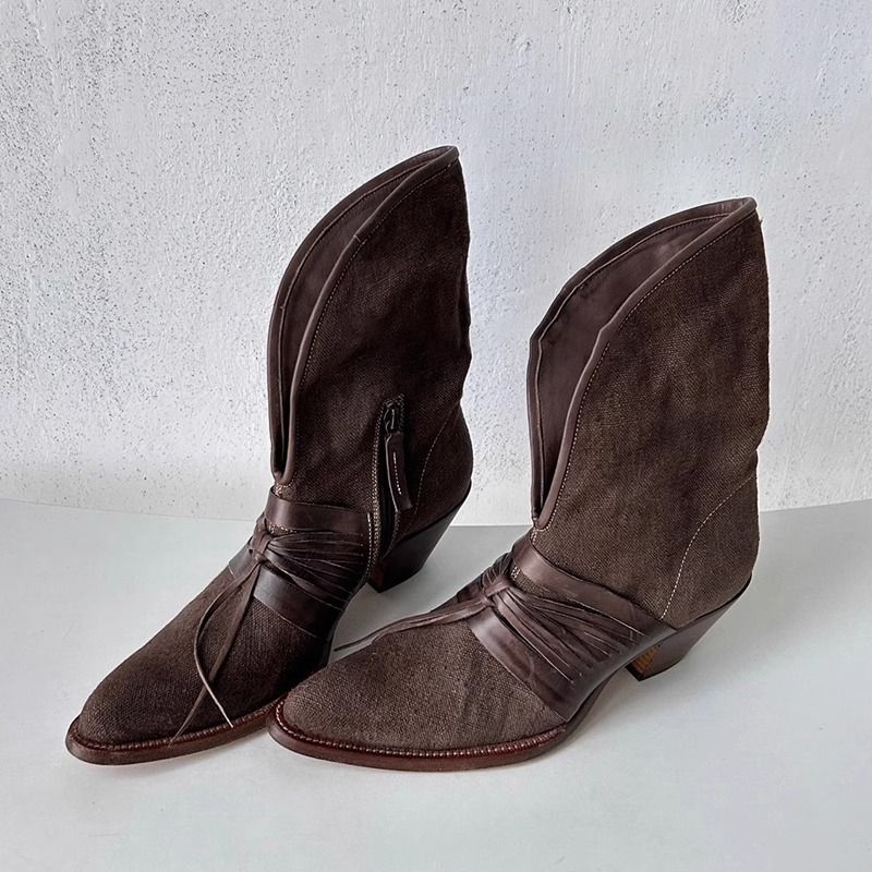 Dune Wasteland Style Medieval V-Neck Short For Women 2024 Autumn Winter New Thick Low Heel Lace-Up Western Boots_voghion.com