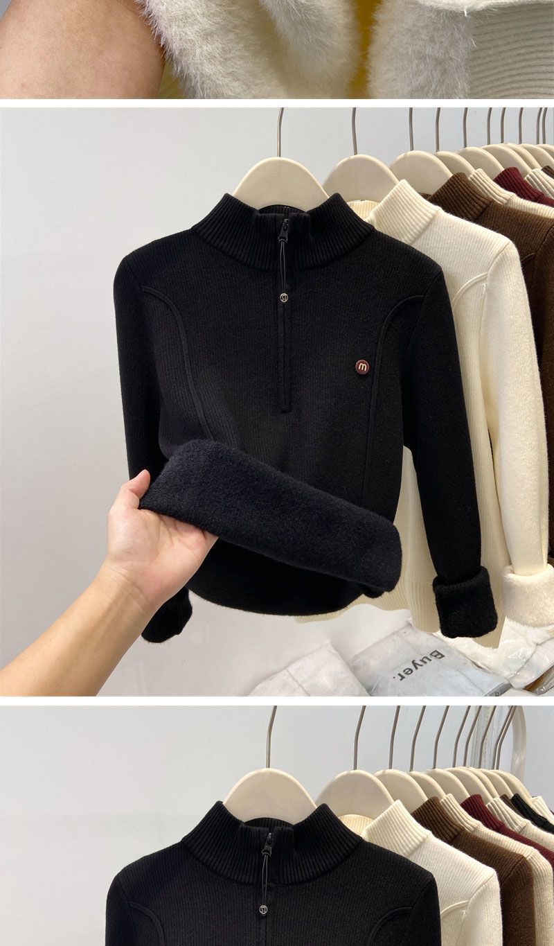 Women's High Neck Fleece Lined Knit Sweater - Cozy Winter Pullover With Half-Zip & Thickened Collar, Soft Viscose Fabric, Loose Fit Casual Top_voghion.com