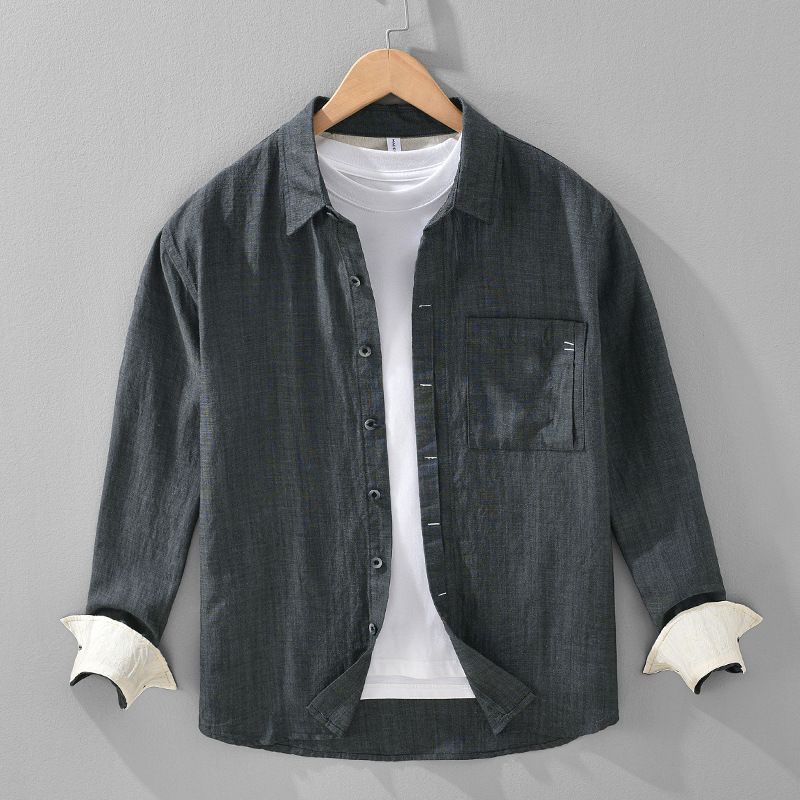 New Casual Solid Color Long Sleeved Shirt For Men, Simple And Artistic Loose Linen Shirt Jacket_voghion.com