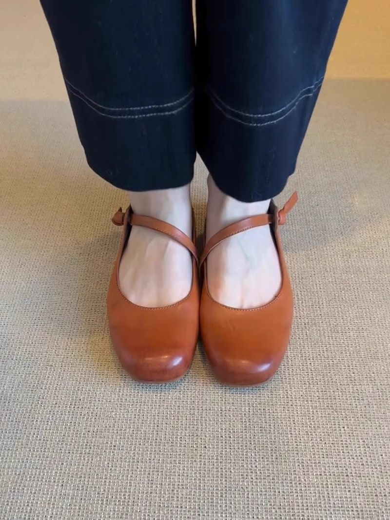 Lancui~ Brown Simple Flat Mary Jane Shoes For Women French Style One Strap Shallow Mouth Versatile Ballet Flats_voghion.com
