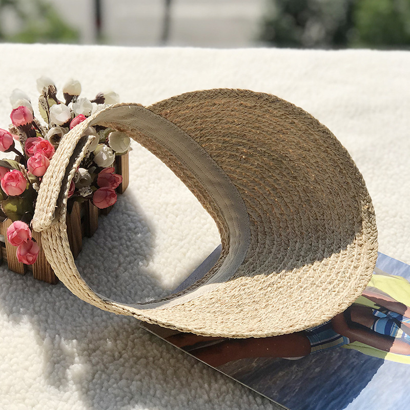 Short sateen file monochrome spot sunshade lady empty top hat Raffia resort sun protection beach hat_voghion.com