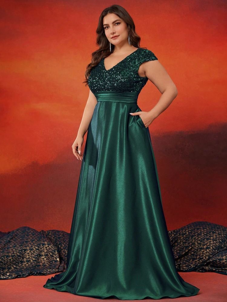 Abito da sera elegante in raso con scollo a V e paillettes, per feste e banchetti, da donna, elegante e raffinato_voghion.com