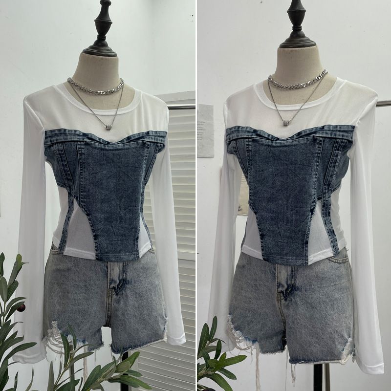 Damenbekleidung Mädchen Design Mesh Splicing Denim Top Langarm Bottoming Shirt Schlankes kurzes Nischen-T-Shirt_voghion.com