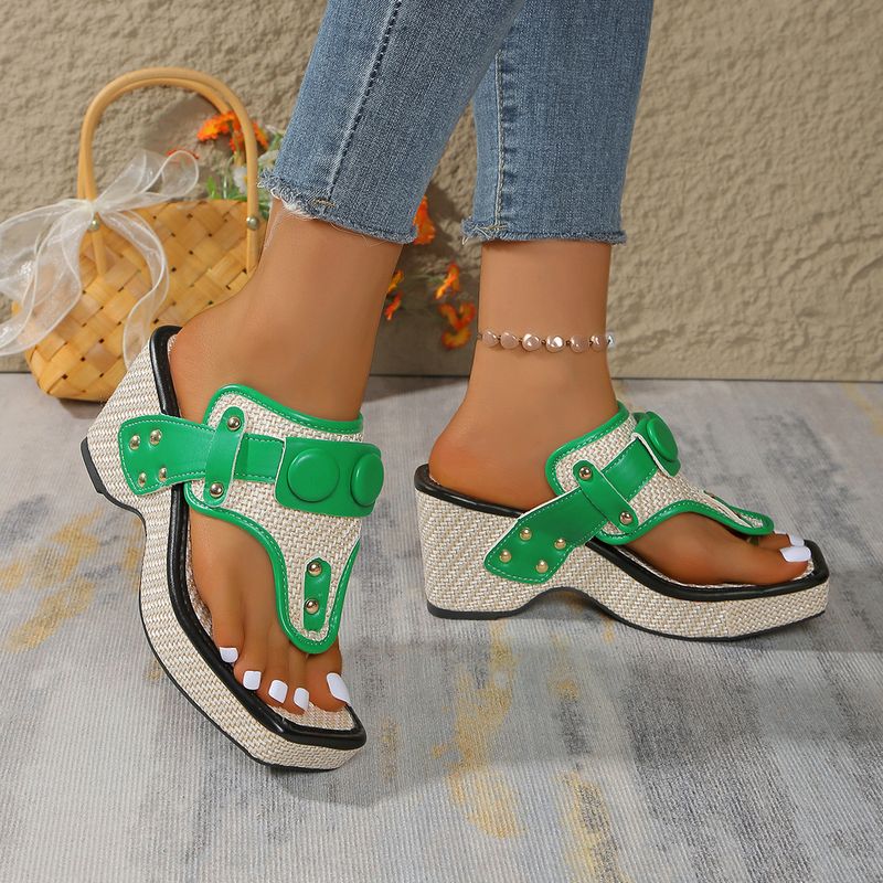 Women's Shoes Bohemian Style Wedge Heel Thick Sole, Sandals, Rivets, Elegant, Party, Simple, Solid Color, Summer_voghion.com