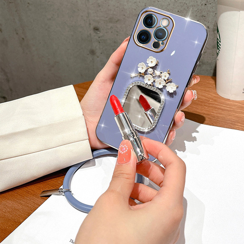 Plating Bracelet Case For Samsung A34 A54 A53 A32 A33 A22 A13 4G 5G A12 A73 A25 A31 A21S A14 Plum Flower Square Mirror_voghion.com