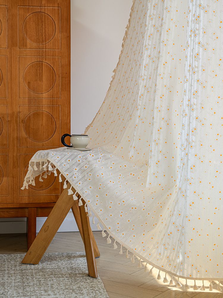 Cortinas de algodón semitransparentes de estilo japonés, sin perforaciones, con ganchos y ojales, con estampado floral bohemio y garabatos para sala de estar y dormitorio._voghion.com
