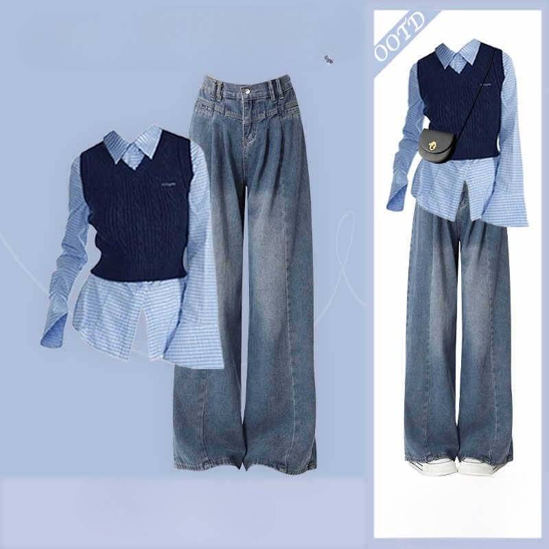 Damenbekleidung Neues, leicht ausgereiftes, gestreiftes Hemd im College-Stil, mehrlagige Weste, Retro-High-Waist-Jeans mit weitem Bein und dreiteiligem Set_voghion.com
