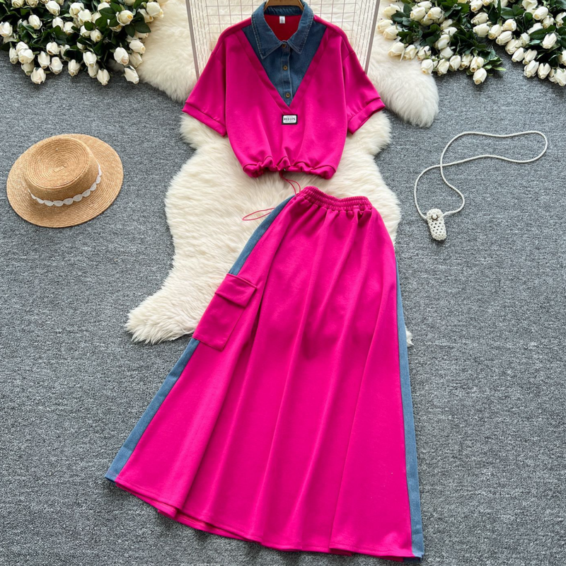 Roupas femininas Salty Light Mature Terno de duas peças para mulheres Verão Cordão na cintura Duas peças Top de manga curta Cintura alta Denim Patchwork Saia_voghion.com