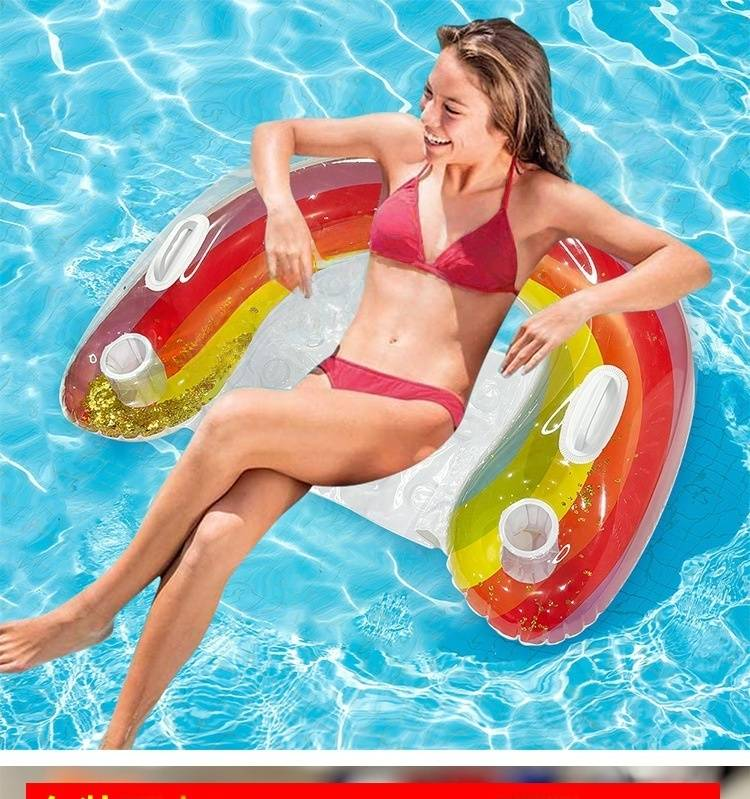Glitter Rainbow Inflatable Seat For Adults - Thickened Floating Lounger With Backrest For Pool Lake & Beach (Heavy-Duty PVC Non-Slip Design)_voghion.com