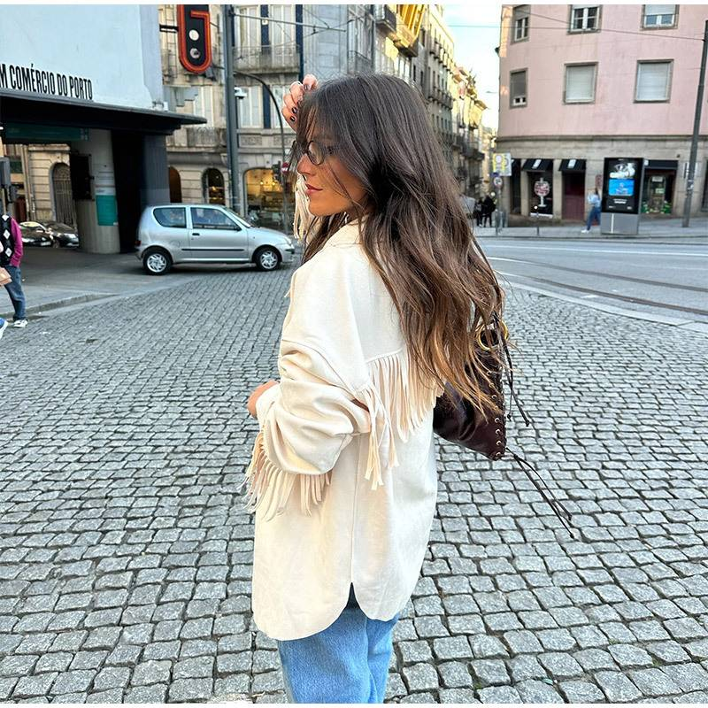 Bohemian Quasten-Wildlederjacke für Damen – Vintage-Mantel mit Fransenrevers (Weiß, S-L)_voghion.com