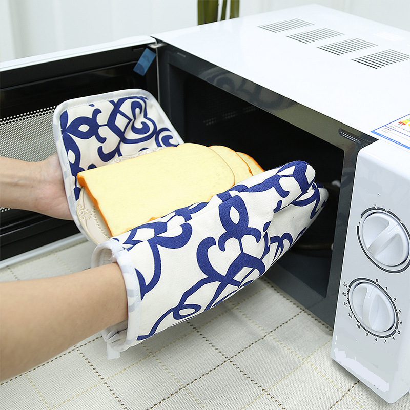 Bohemian Style Microwave Oven Mitts & Hot Pad Set – Heat-Resistant Cotton Linen Gloves With Geometric Design, 26cm Length_voghion.com