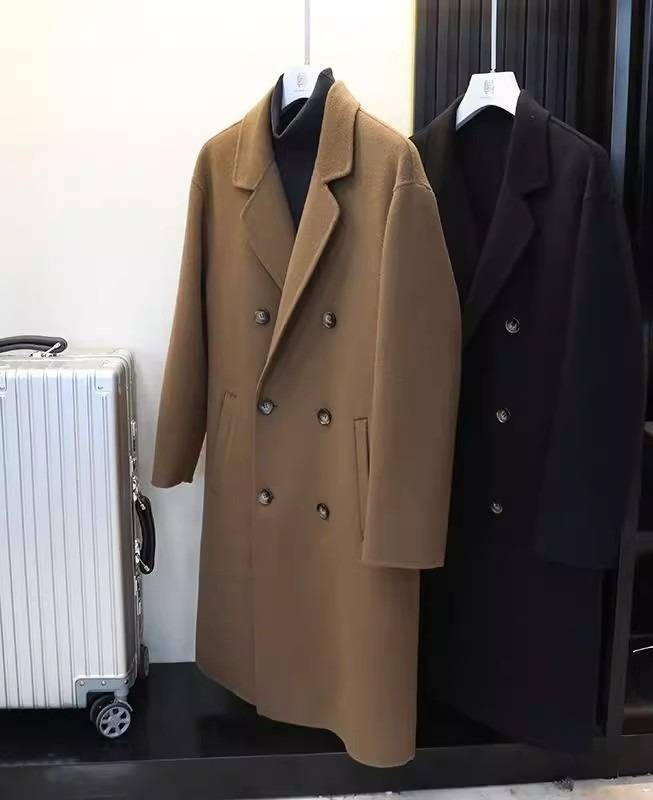 Übergroßer zweireihiger Mantel aus Wollmischung für Herren – Langer, knielanger Trenchcoat (M-3XL, Schwarz/Kaffee)_voghion.com