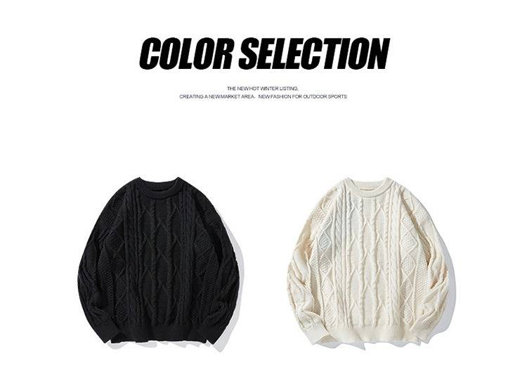 Men's Cable Knit Sweater - Oversized Casual Pullover With Ribbed Hem For Autumn/Winter (Black/Cream, M-Xxl)_voghion.com