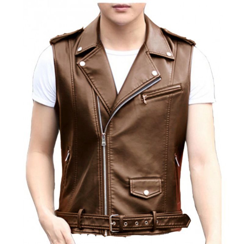 Chaleco de cuero sin mangas para hombre, estilo punk, ajustado, con cremallera en diagonal, de PU_voghion.com