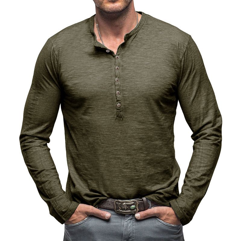 2025 Langarm Herren Top Frühling Herbst Bambus Baumwolle Einfarbig Knopf Henley Shirt Männer_voghion.com