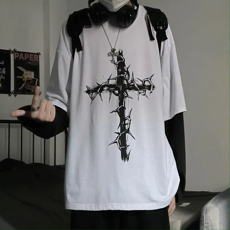 Magliette stile gotico gotico Mall Goth Tops T-shirt oversize a maniche lunghe punk Falso in due pezzi Moda di strada stile coreano338_voghion.com