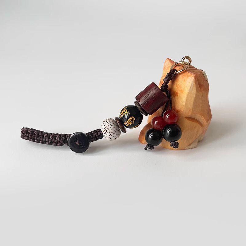 Hand Carved Wood Carved Orange Cat Shiba Inu Mi Ping An Six Character Mantra Woven Keychain Chain Ring Car Schoolbag Pendant Ornament_voghion.com