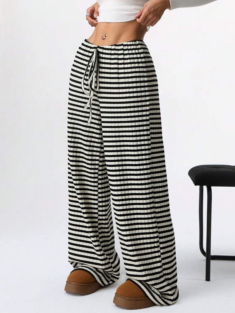 Dameskleding Lente en herfst Dames gestreepte elastische hoge taille gebreide trekkoord casual draperende joggingbroek_voghion.com