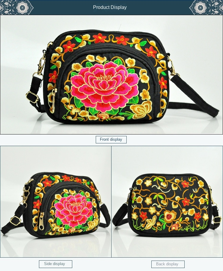 Borsa a tracolla da donna Borsa da viaggio Borsa a tracolla con cerniera ricamata floreale vintage Borsa per cellulare ricamata_voghion.com