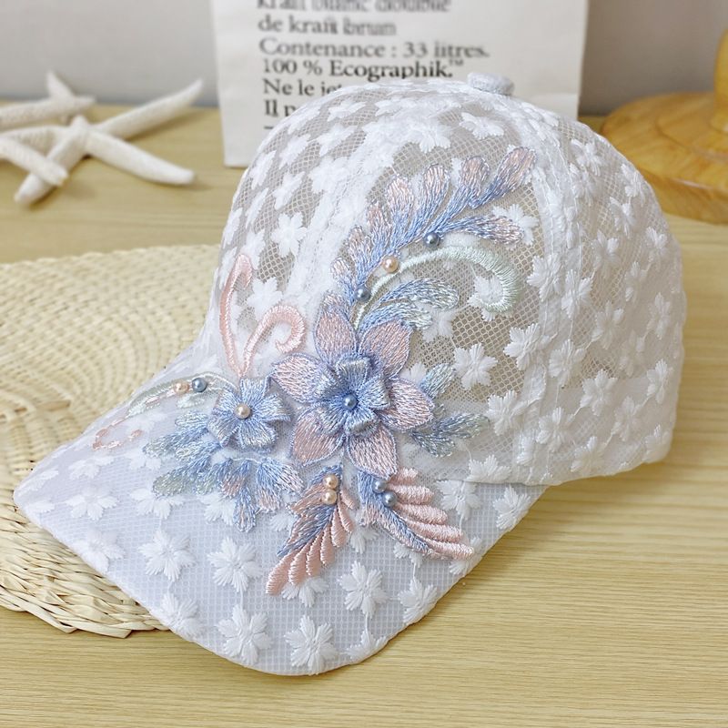 Cappello da baseball estivo in pizzo sottile da donna con fiori ricamati, traspirante, alla moda coreana, con protezione solare_voghion.com