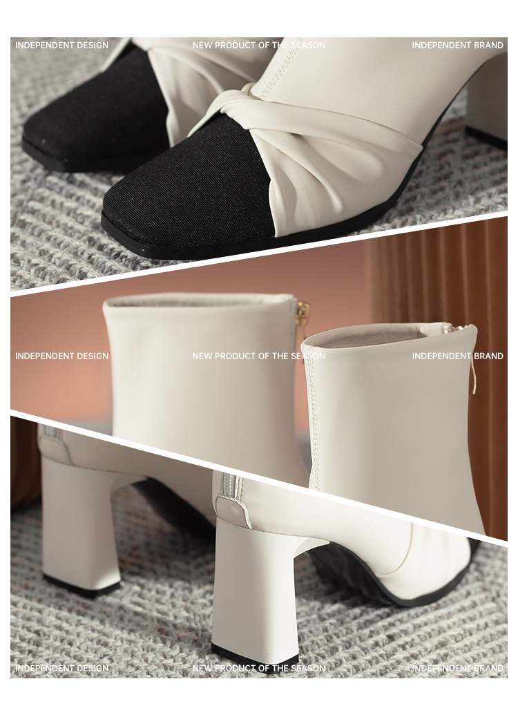 Autumn and winter wrinkled French short boots women's retro matching color square mid-leg high heel boots thick heel skinny boots_voghion.com