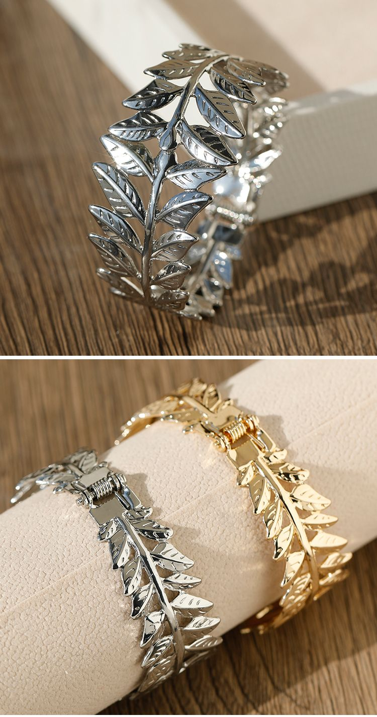 Pulseira de metal com folha oca aberta, estilo europeu e americano, personalidade da moda, pulseira larga de primavera com folha esculpida e flor feminina_voghion.com