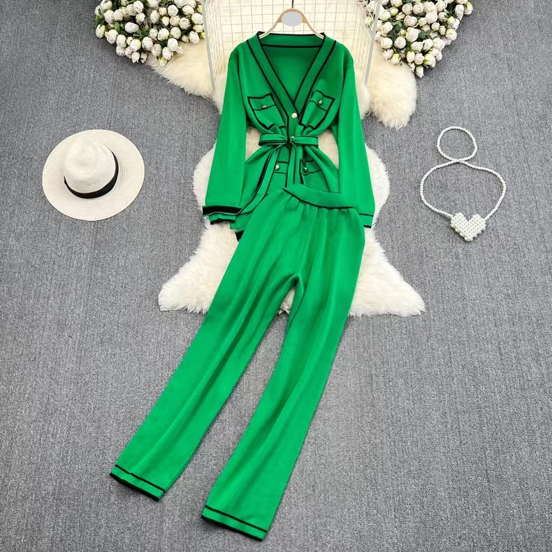 Ensemble deux pièces pour femme, couleur contrastée rétro, manches longues, col en V, cardigan tricoté, taille haute, pantalon large à jambe droite_voghion.com