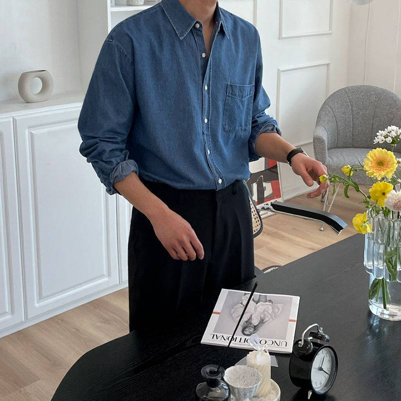 Camicia da lavoro a maniche lunghe in denim lavato e usurato, da uomo_voghion.com